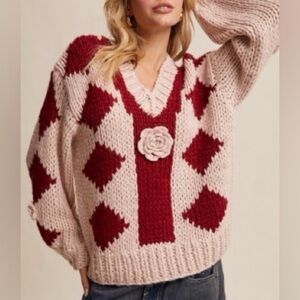 Listicle V-Neck Rose Sweater - Red and Cream